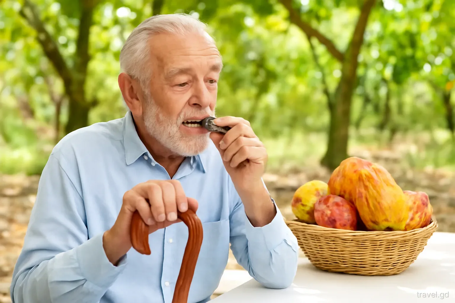 Older man with a walking cane tasting dark chocolate at a shaded outdoor table on a cocoa estate in St Patrick's, cocoa pods in a basket, close medium shot, warm light