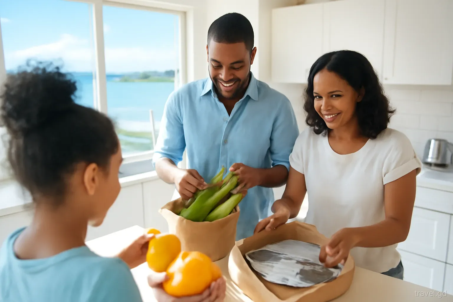Family unpacking fresh mangoes, plantains and fish in a bright self-catering apartment kitchen with sea view in L'Anse aux Epines, over-the-shoulder shot, morning light