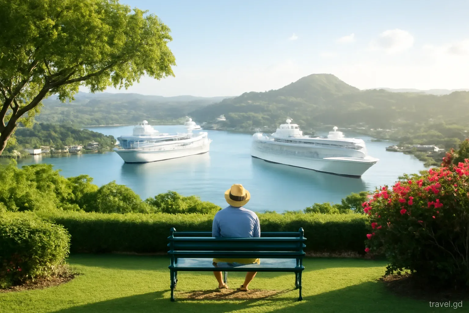Quiet morning view from a hillside garden above St George's harbour, Grenada, two large white cruise ships berthed below, a lone visitor on a bench, soft early light