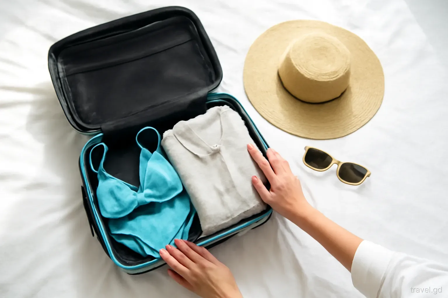Hands packing a small carry-on suitcase on a bed with sunglasses, sun hat, swimwear and a folded linen shirt, morning light through a window, overhead view