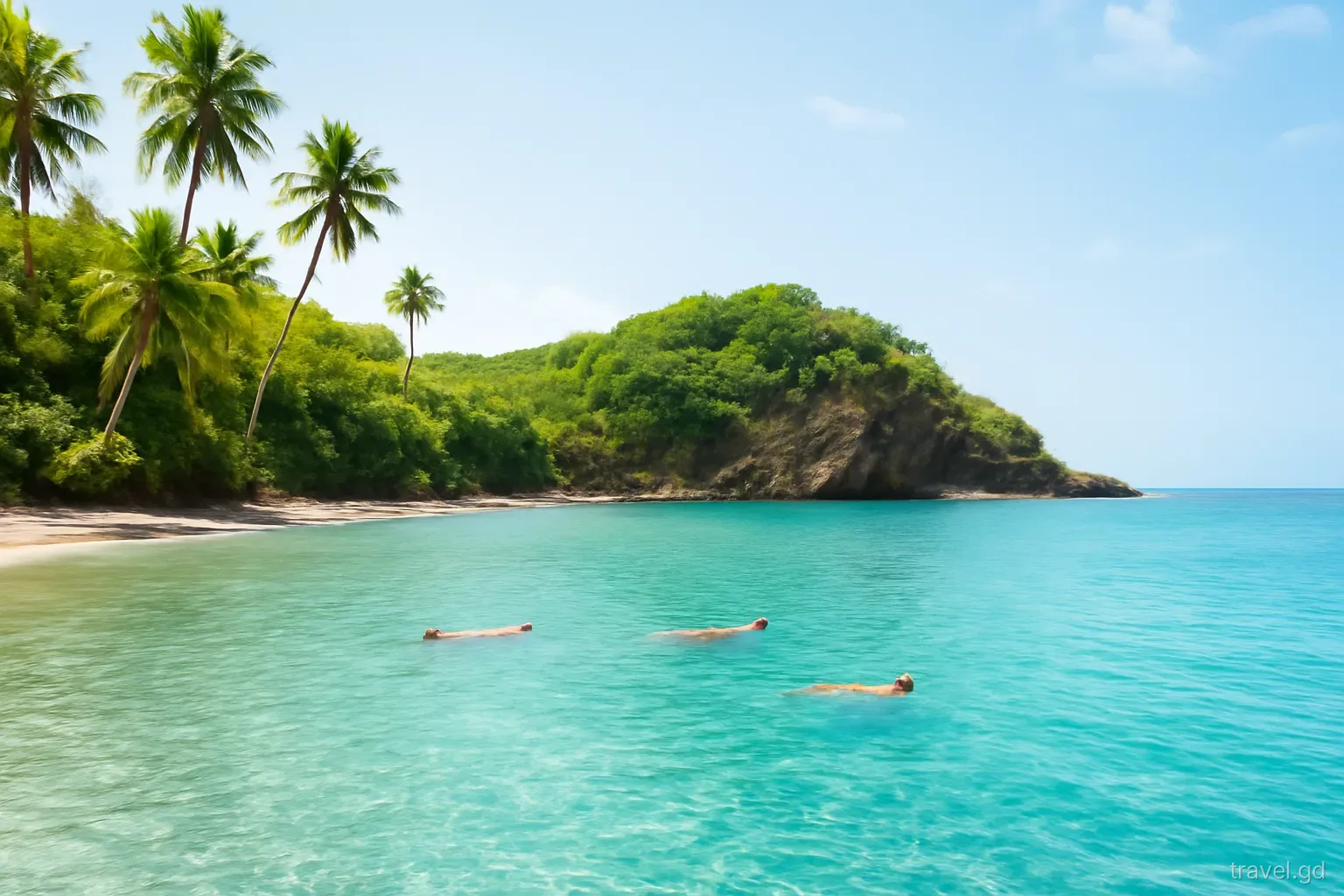 Wide shot of a calm turquoise cove at Morne Rouge, Grenada, a few swimmers floating, palms and rocky headland, soft late-morning sunlight, eye-level from the waterline