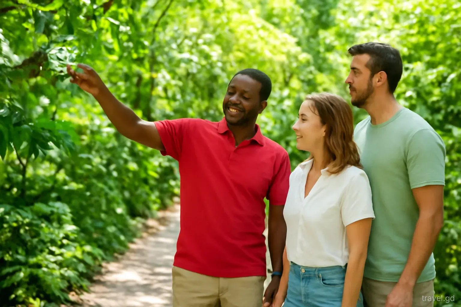 Friendly Grenadian guide pointing out a nutmeg tree to two attentive visitors on a shaded garden path in St John, eye-level shot, dappled green light