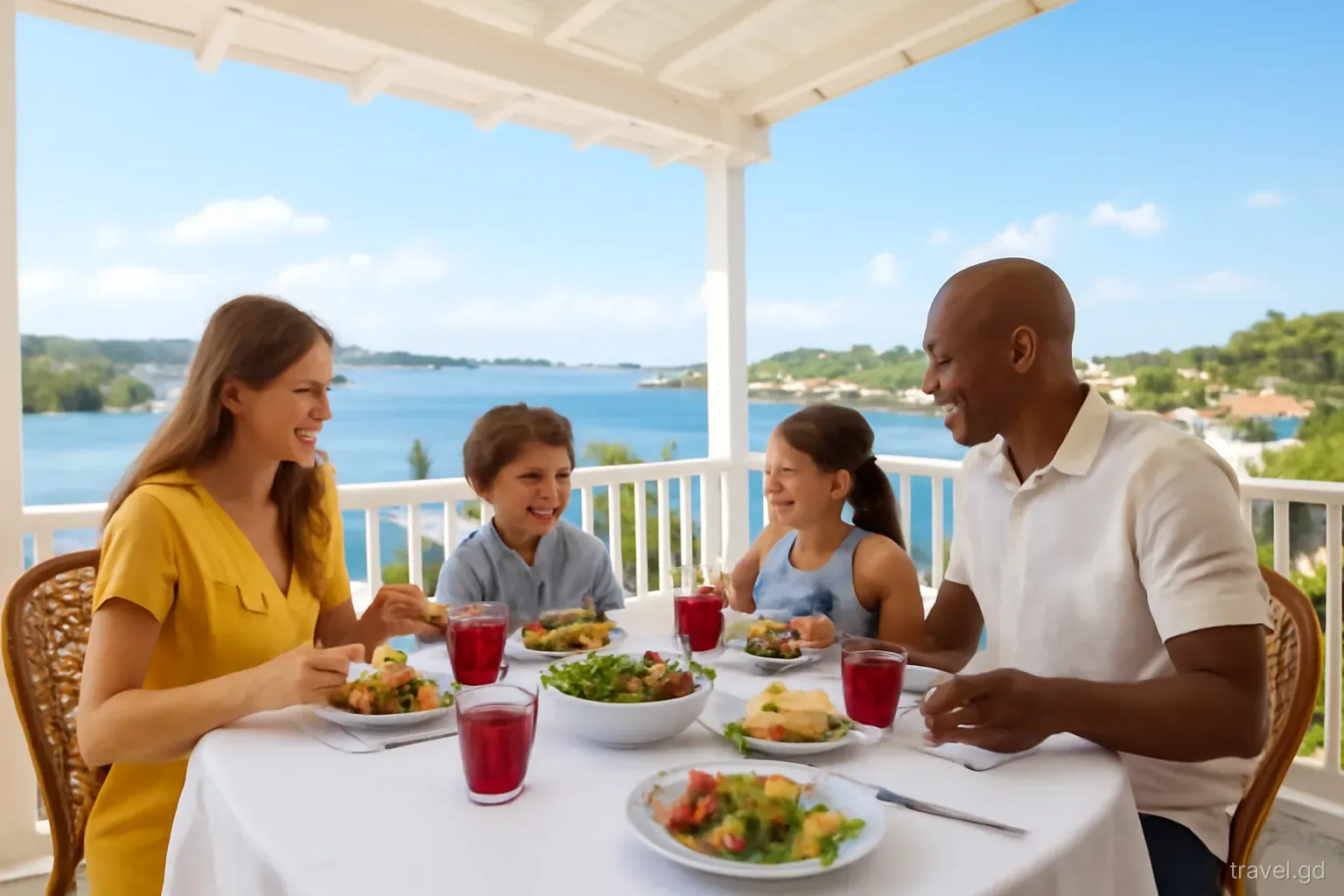 Family sharing a festive lunch on a breezy veranda overlooking St George's harbour, glasses of deep red sorrel on the table, wide shot, bright midday light