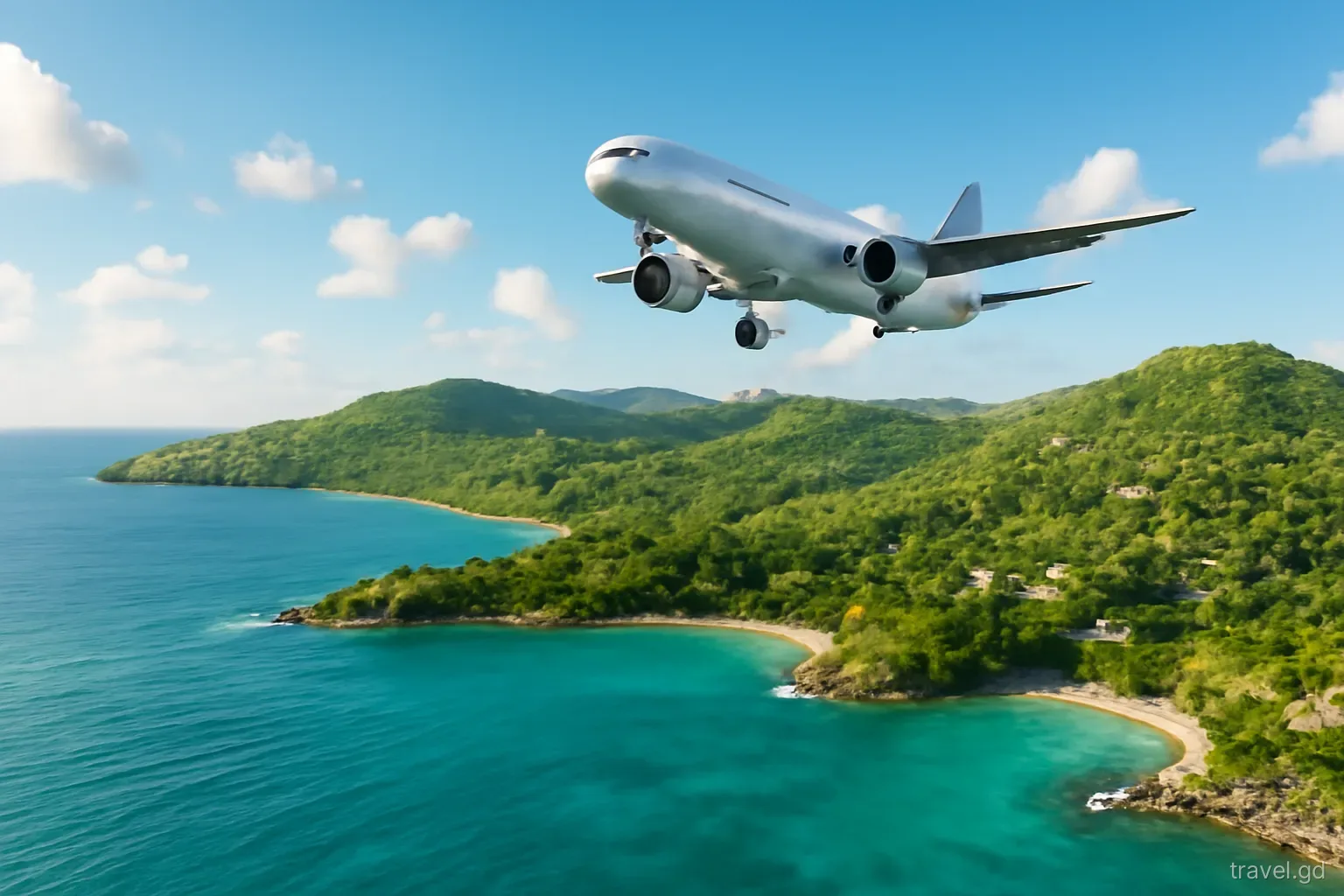 A long-haul jet descends over turquoise sea towards the green hills of south-west Grenada in late afternoon light, small bays below, aerial view from a distance