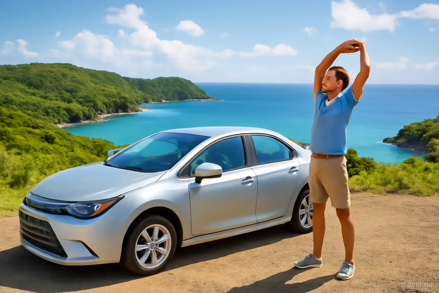 Rental car parked on a hilltop lay-by above a wild Atlantic bay on the east coast of Grenada, driver stretching beside it, elevated three-quarter view, bright breezy afternoon