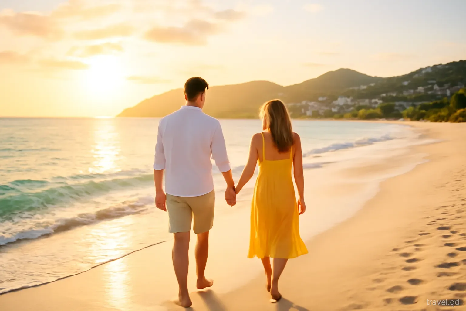 Couple walking hand in hand along the shoreline of Grand Anse Beach at sunset, distant hills of St George's, wide shot from behind, warm golden light