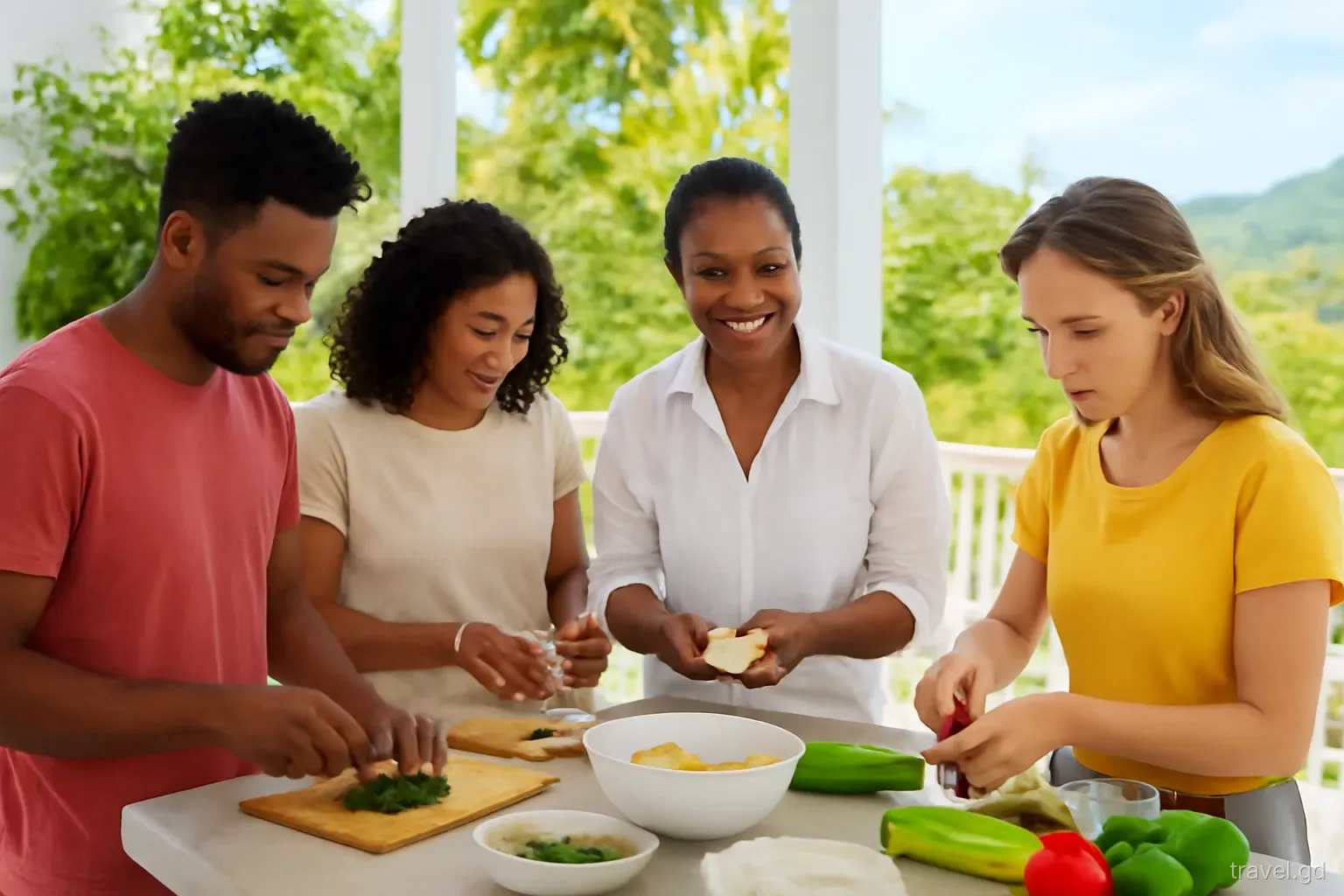 Small group of visitors chopping seasoning herbs and peeling plantains at an outdoor kitchen counter on a garden terrace in St George, Grenada, instructor smiling, bright morning