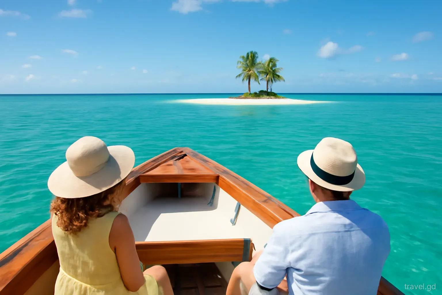 A small wooden water taxi crosses calm turquoise water from Carriacou towards a tiny palm-covered sand cay, two passengers in sun hats, bright midday light, view from the bow