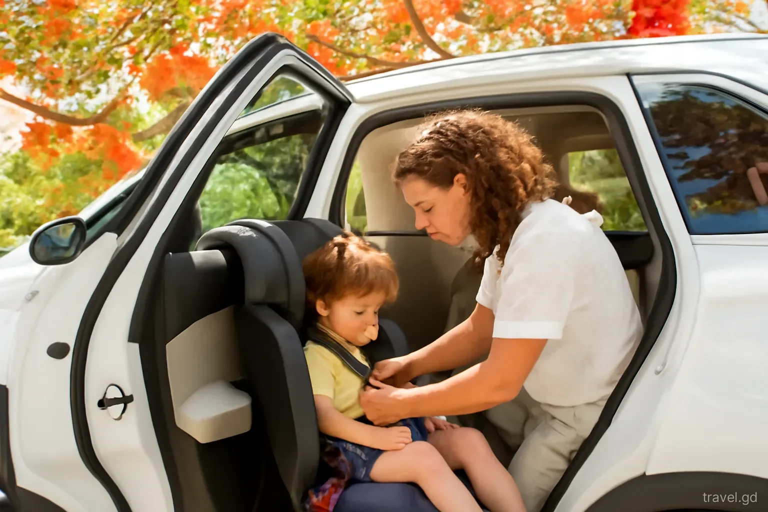 Parent buckling a young child into a car seat in a rental SUV parked under a flowering flamboyant tree in St George's, side view through open door, dappled light