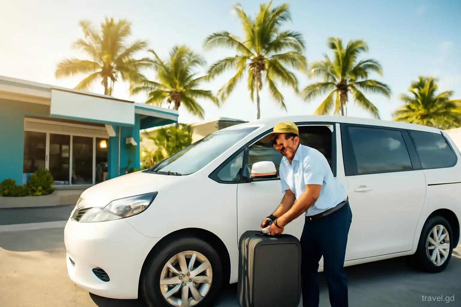 A smiling taxi driver lifts a suitcase into a white minivan outside a small tropical airport terminal in Grenada, palm trees behind, low afternoon sun, wide shot