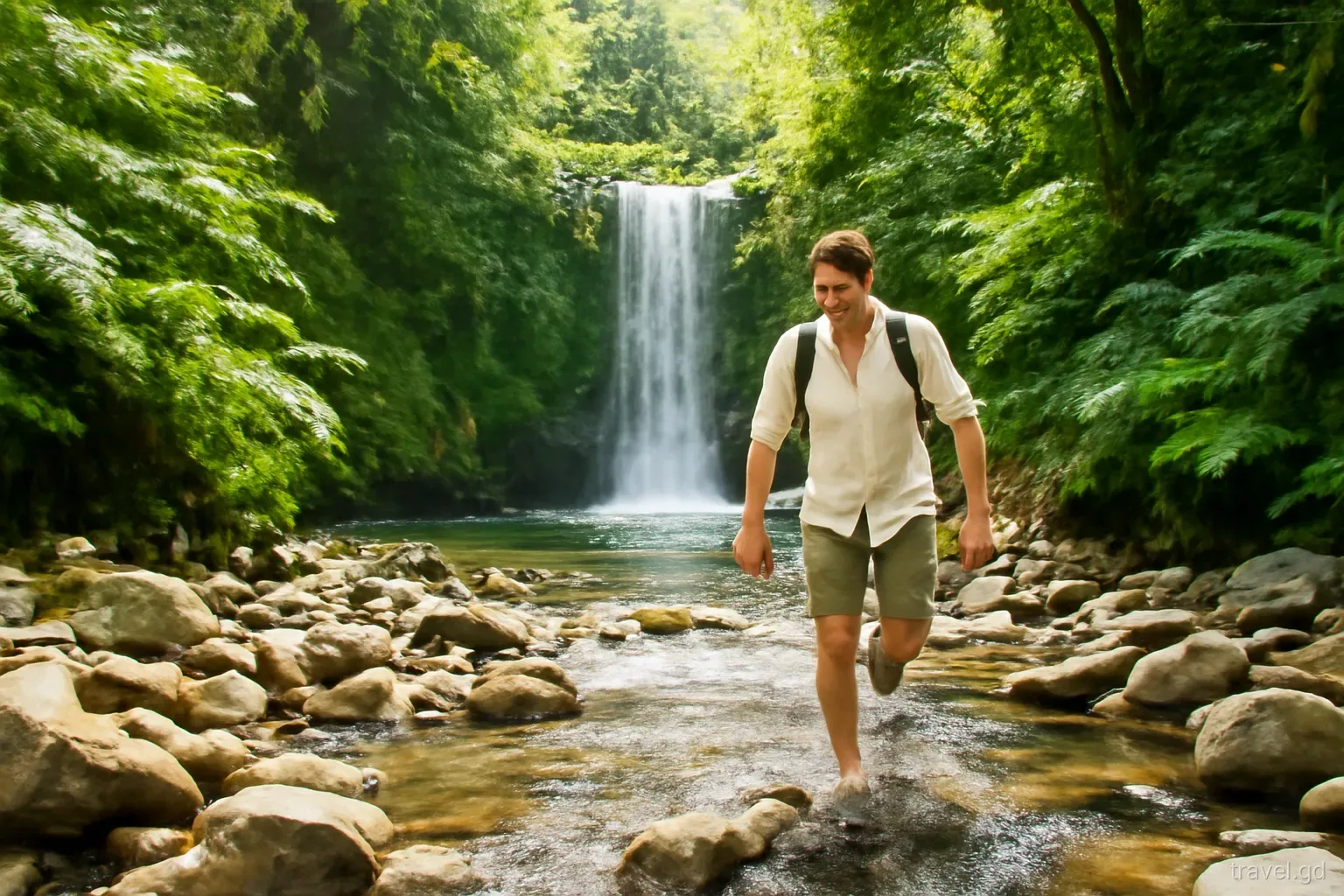 Hiker in a light shirt wading across a shallow rocky river below a forest waterfall in St John, Grenada, ferns and dappled sunlight, wide angle from downstream