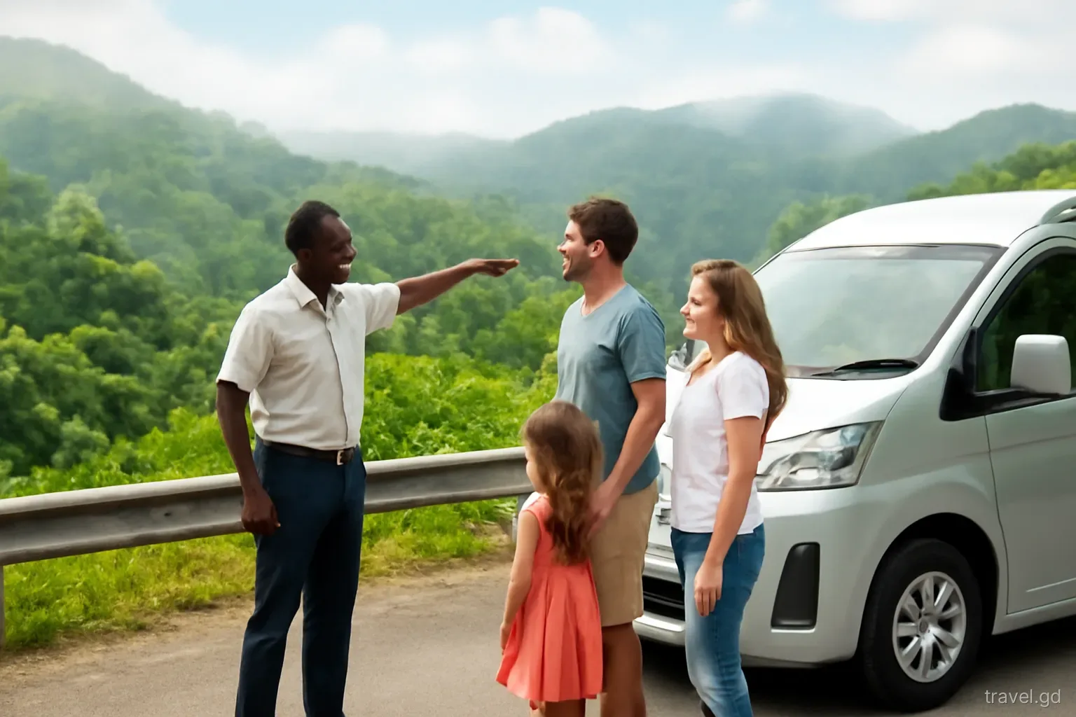 Local tour driver pointing out the rainforest view to a small family beside an air-conditioned minivan on the Grand Etang road, Grenada, misty green hills, mid-morning