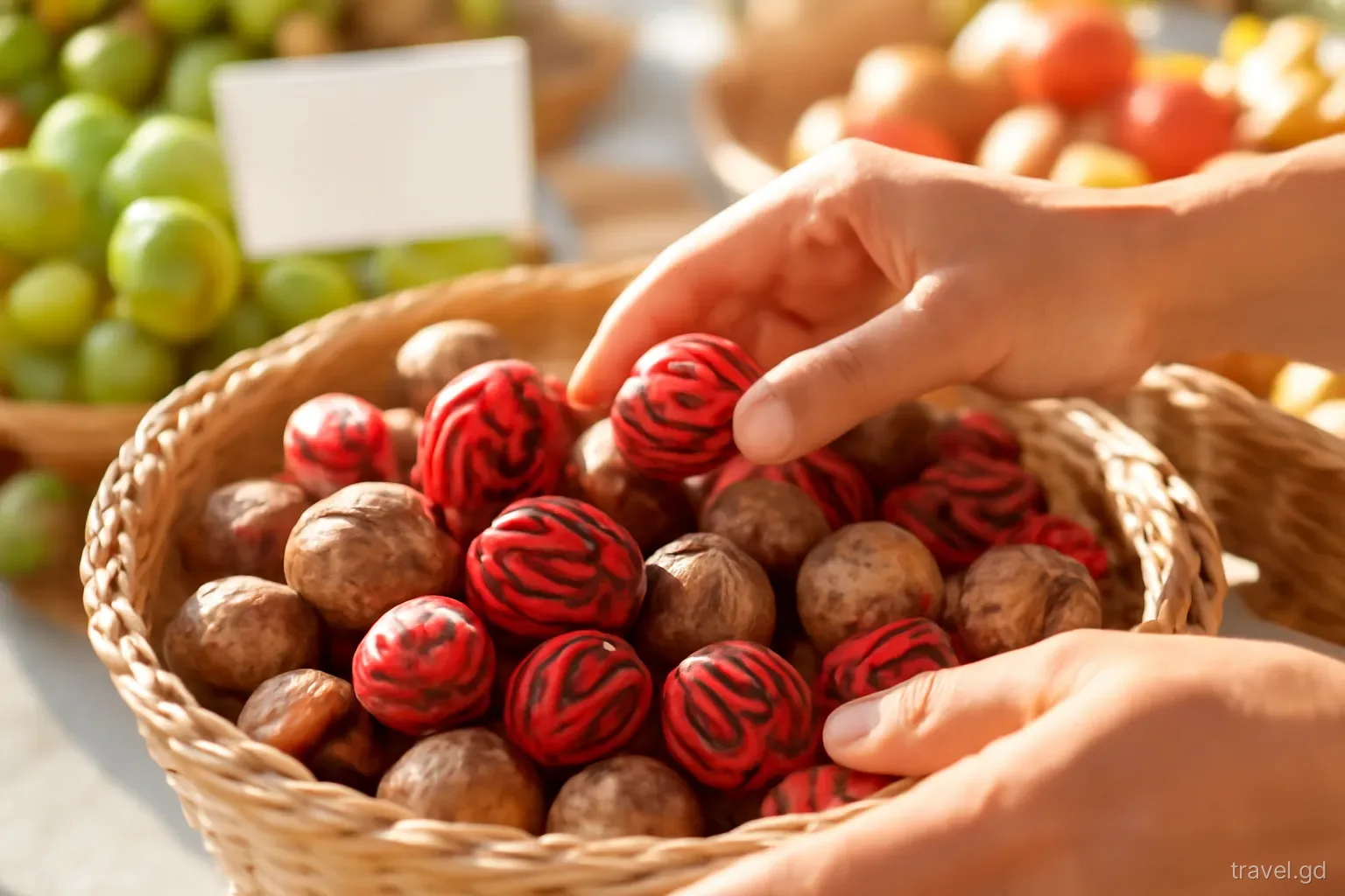 Close-up of hands choosing whole nutmegs wrapped in red mace from a woven basket at a market stall in St George's, Grenada, warm morning light, shallow depth of field
