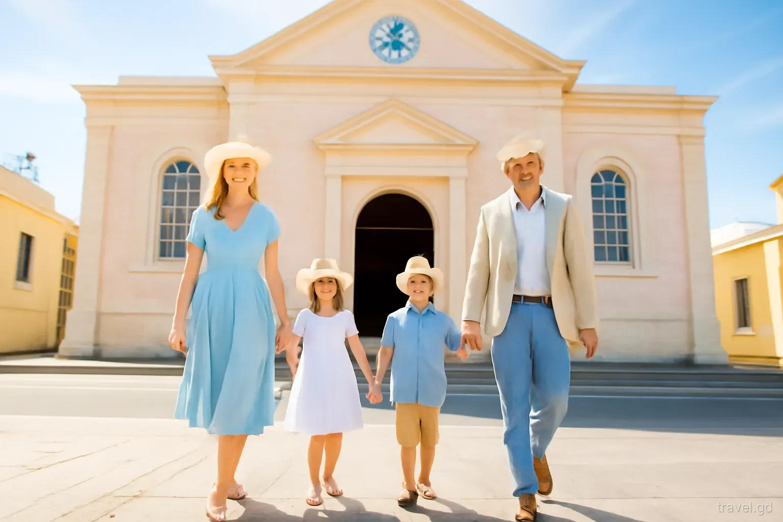 Well-dressed family walking out of a pastel stone church in St George's after Sunday service, hats and light dresses, street-level wide shot, bright mid-morning sun