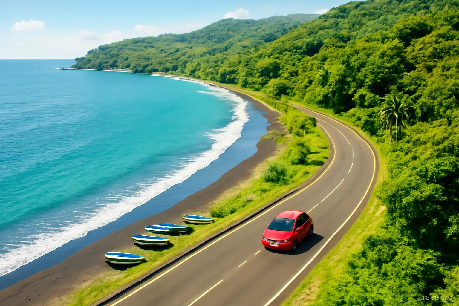 A small red car rounds a coastal bend on Grenada's west coast, fishing boats pulled up on a dark sand beach below, green hills rising, aerial drone view, clear morning