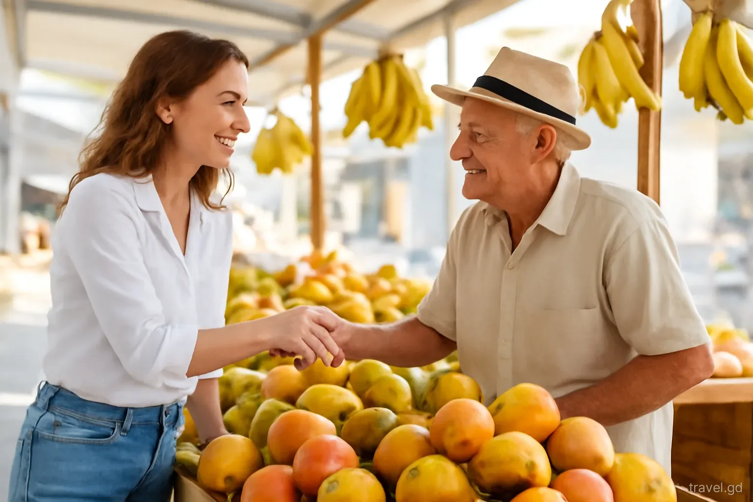 Smiling visitor greeting an elderly fruit vendor at a wooden stall in Grenville market, mangoes and bananas piled high, eye-level shot, soft morning light
