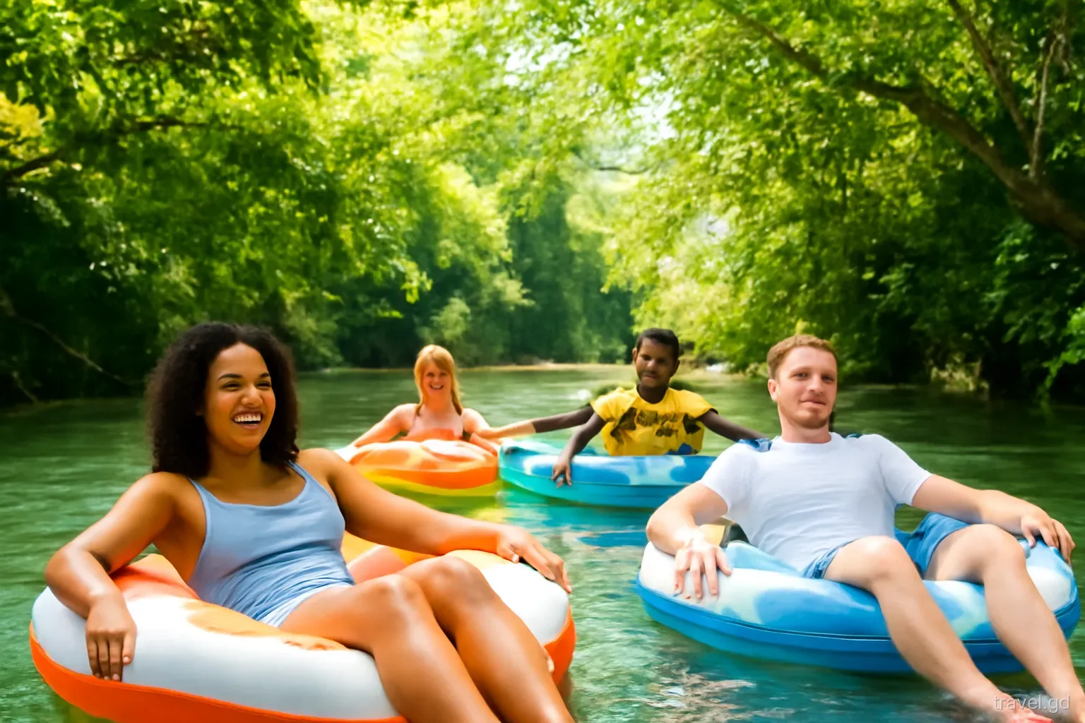 Group of visitors floating down a clear jungle river on inflatable tubes in St Andrew, Grenada, lush overhanging trees, guide paddling ahead, eye-level shot, bright midday light
