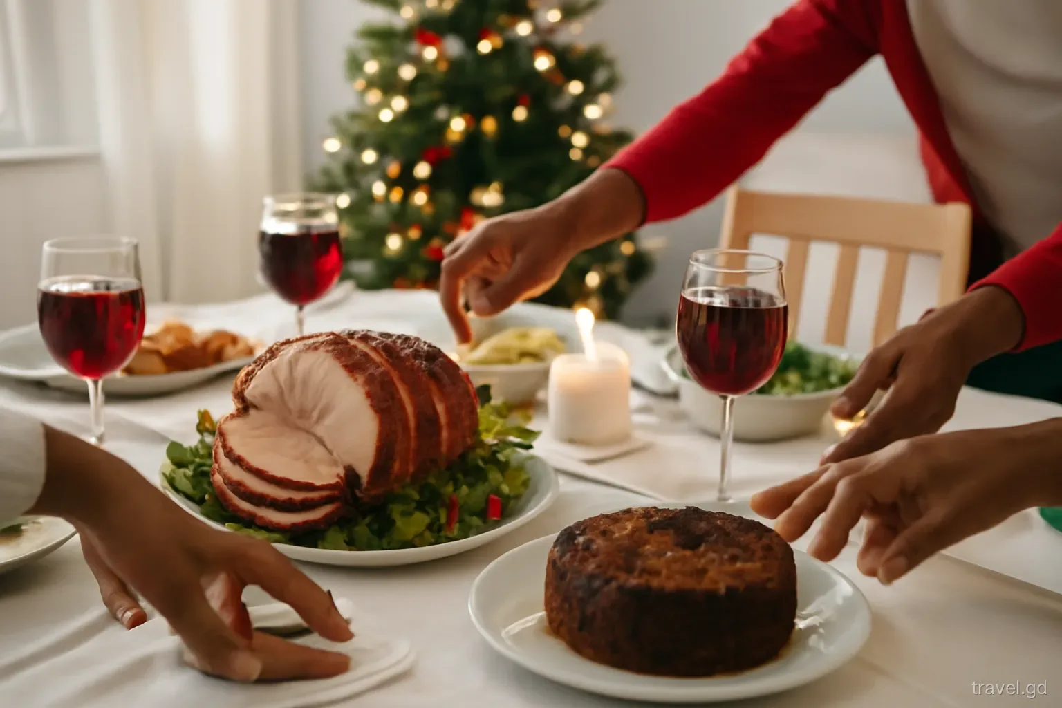 Festive Christmas table in a Grenadian home in St Andrew, glasses of deep red sorrel, dark fruit cake and baked ham, family hands reaching in, warm evening lamplight