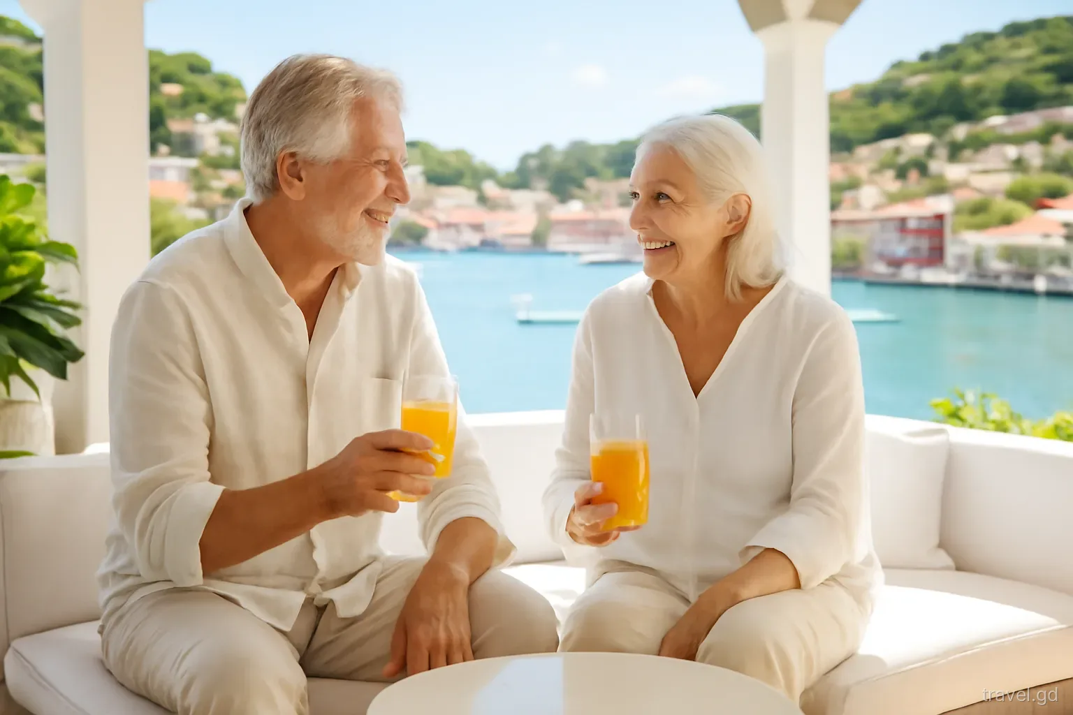 Retired couple in linen clothes sitting on a shaded terrace overlooking the Carenage harbour in St George's, sipping juice, three-quarter angle, soft late-morning light