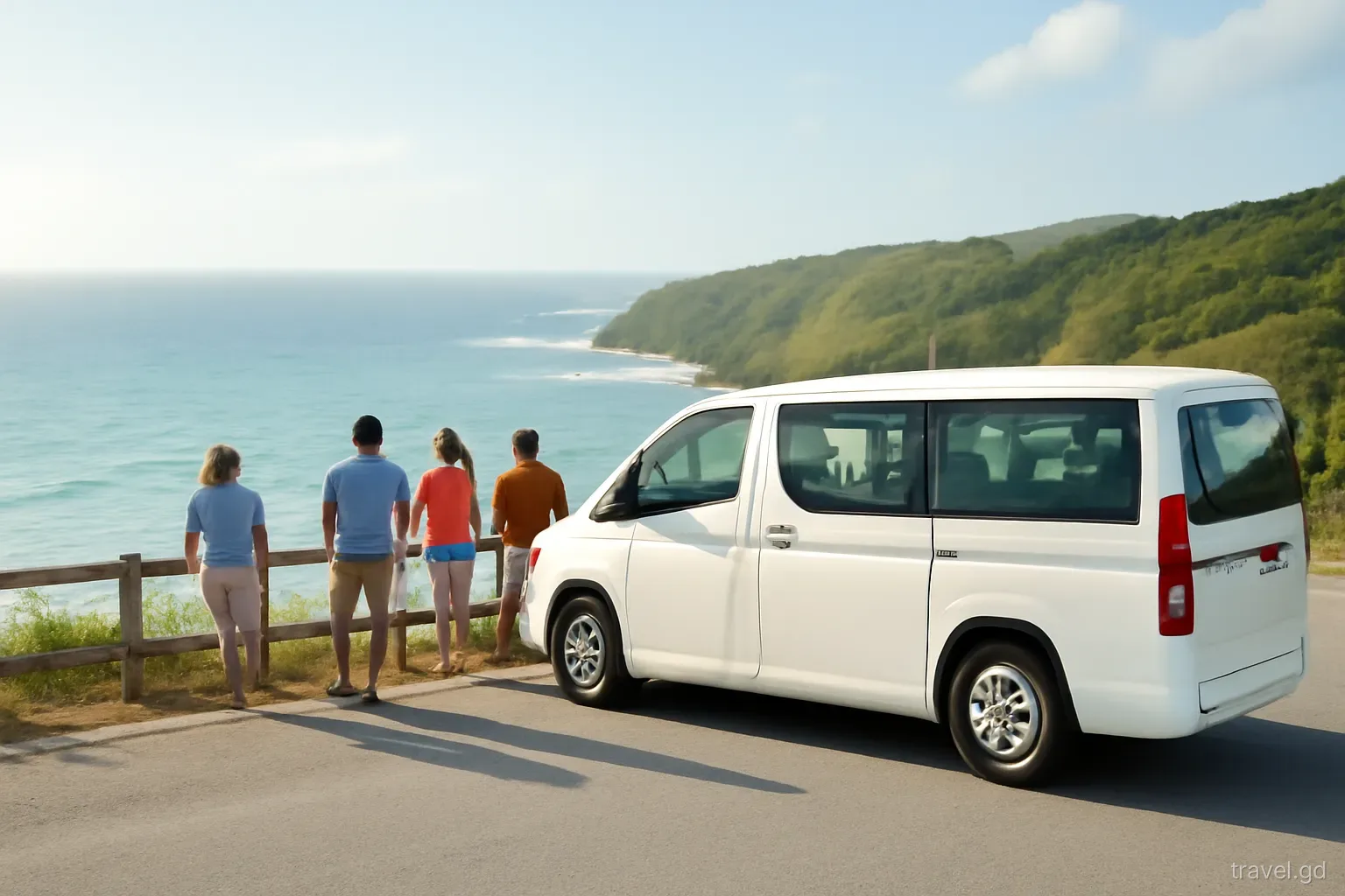 Tour minivan parked at a viewpoint above the rugged north-east coast of Grenada, small group of visitors looking out over Atlantic surf, wide shot, soft morning light