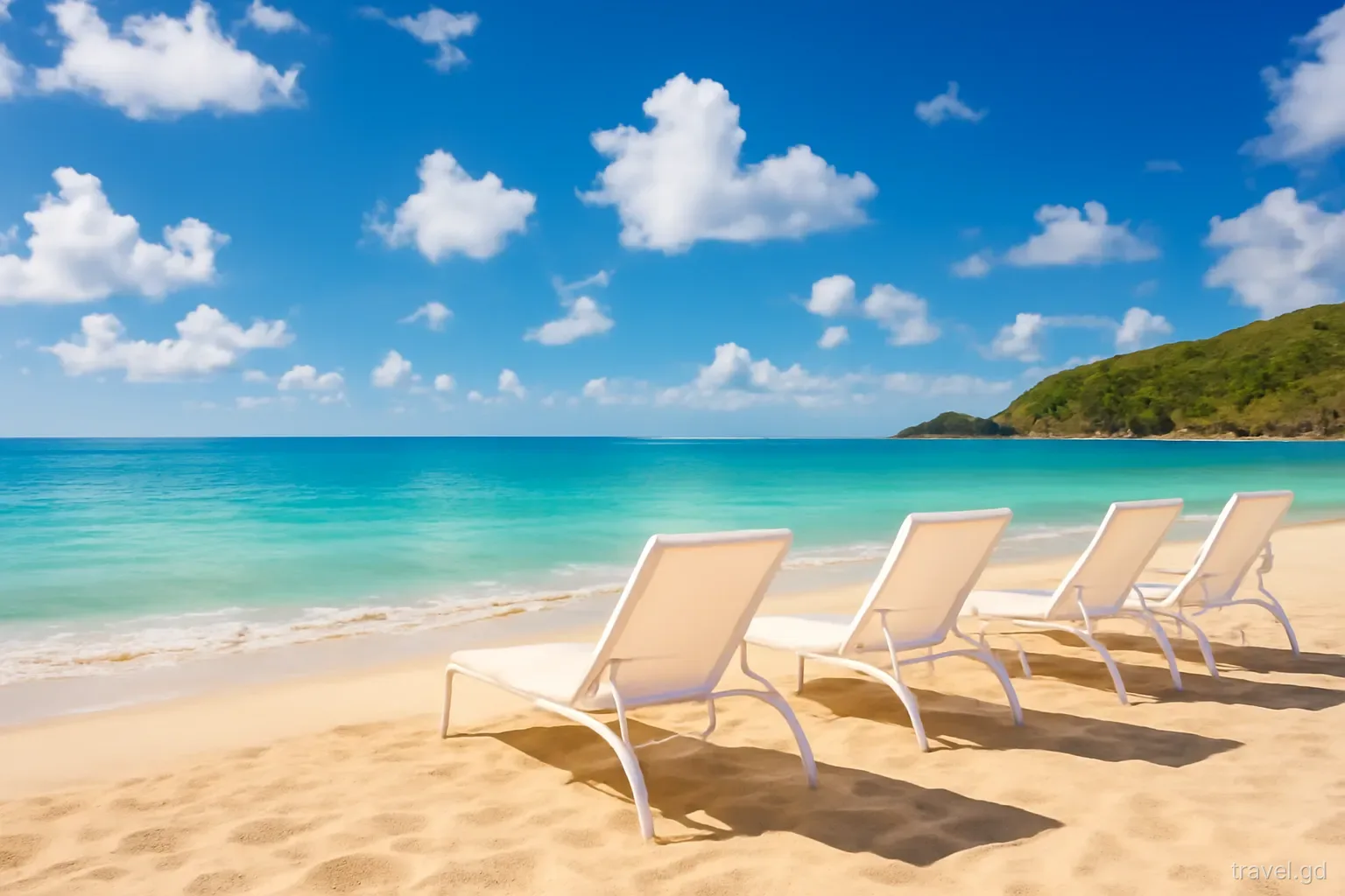 Empty sun loungers and a calm turquoise sea at Morne Rouge Bay on a bright early summer morning, scattered white clouds, low-angle view from the sand