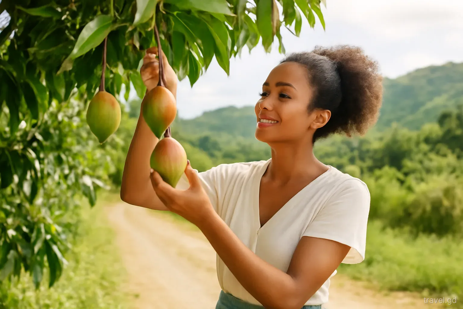 Woman picking ripe mangoes from a low tree branch beside a rural lane in St John, Grenada, green hills behind, close medium shot, warm morning sunlight