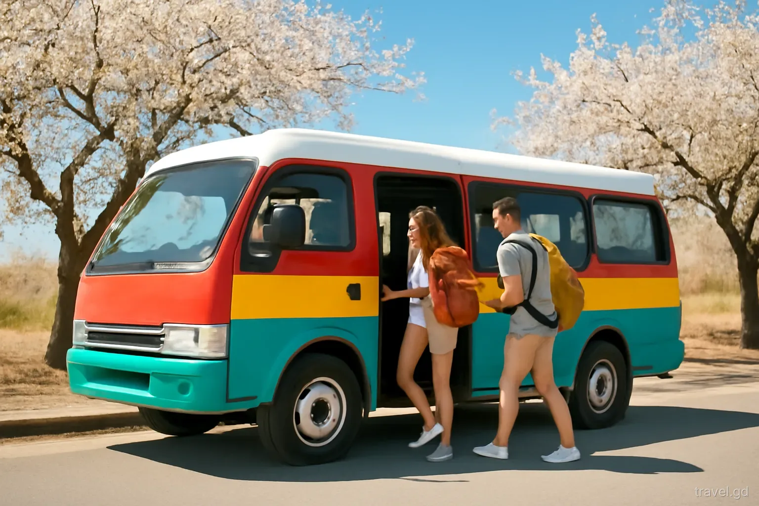 A colourful passenger minivan pulls up at a roadside stop under almond trees near Grand Anse, two visitors climbing in with day bags, bright late-morning light, street-level view