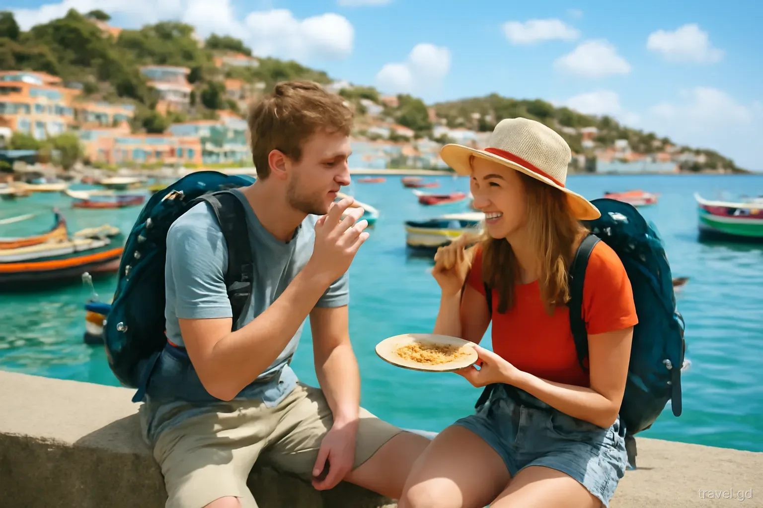 Two young backpackers sharing a roti lunch on a low sea wall beside the Carenage in St George's, colourful fishing boats behind, eye-level shot, bright midday light