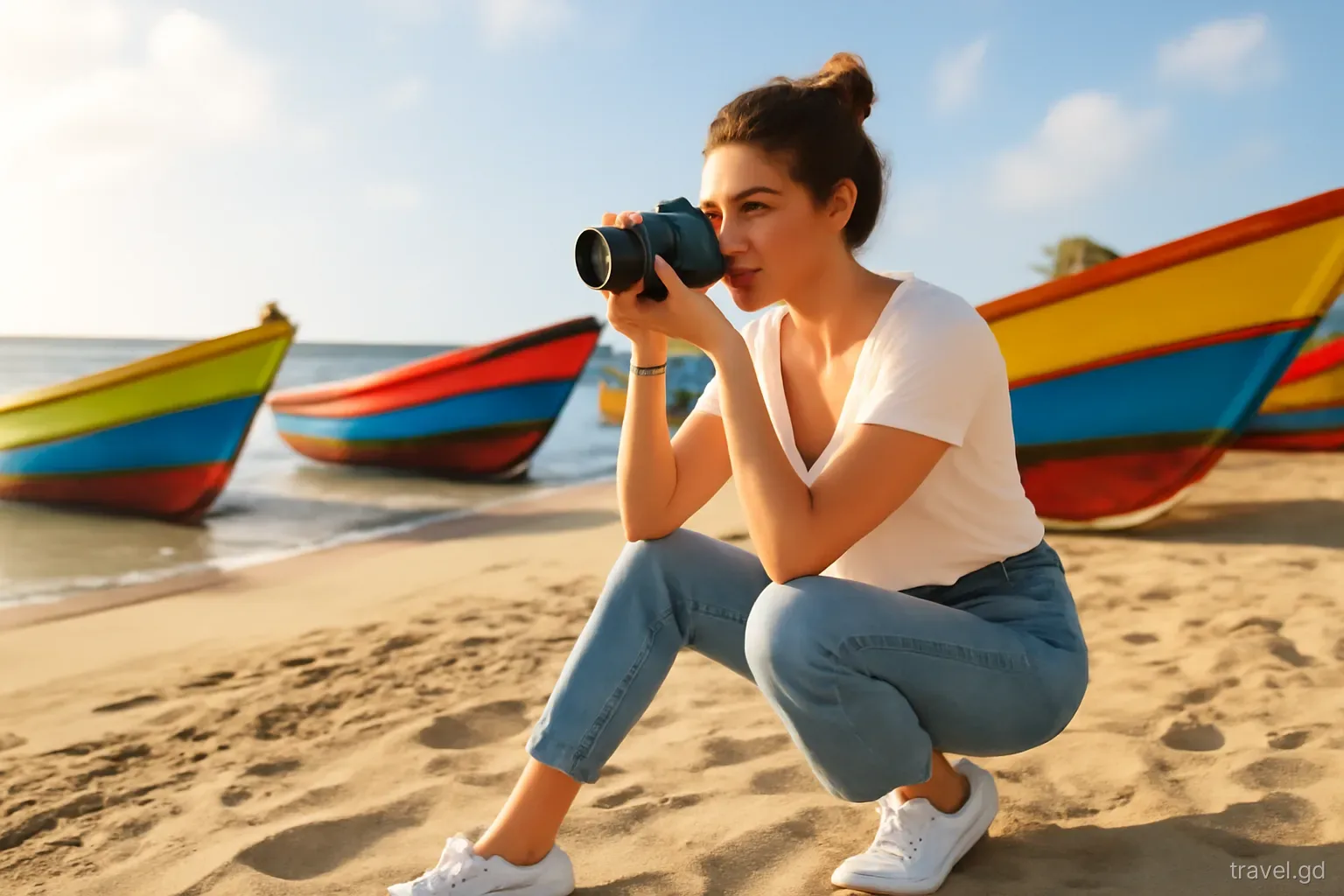 Young woman photographing colourful fishing boats pulled up on Gouyave beach with a mirrorless camera, low angle from the sand, golden late-afternoon light