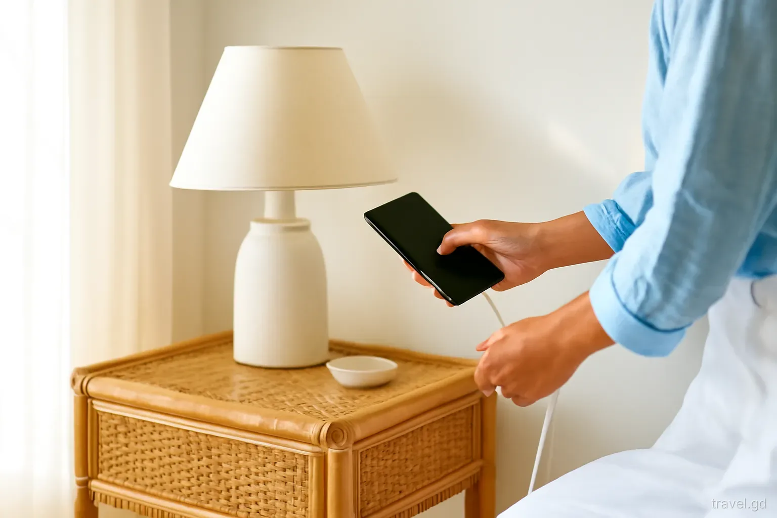Close-up of hands plugging a phone charger into a wall socket beside a rattan bedside table in a breezy Grand Anse hotel room, warm afternoon light, shallow depth of field