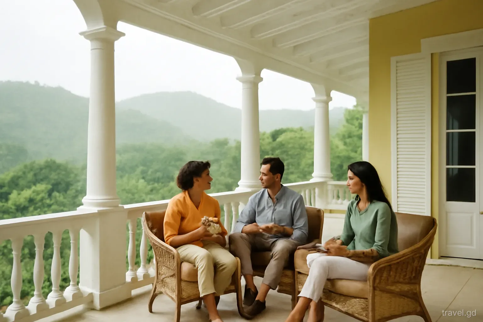 Visitors sheltering on the covered veranda of an old estate house in Grenada watching a tropical rain shower over green hills, cups of cocoa tea in hand, wide shot, soft grey light