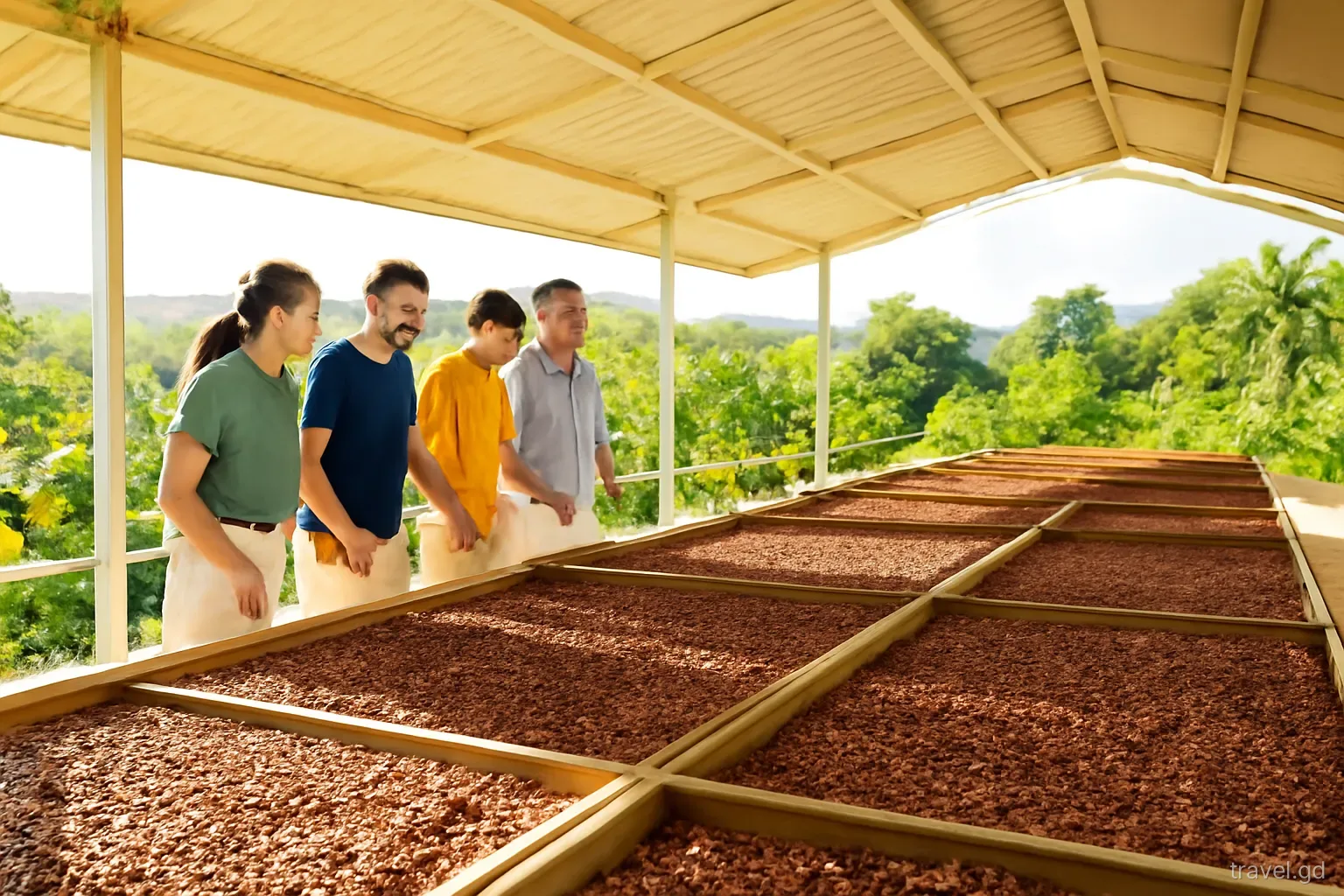 Visitors watching cocoa beans being turned on wooden drying trays under a sliding roof at a cocoa estate in St Patrick, Grenada, wide shot, warm morning sun