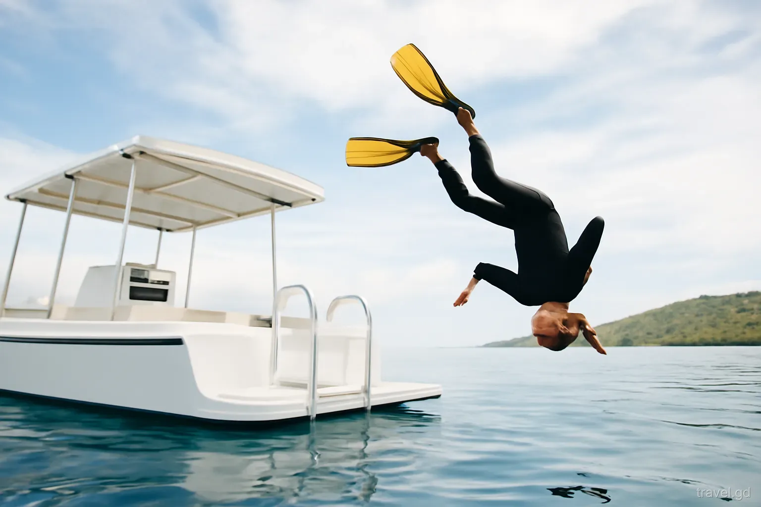 Diver rolling backwards off a small dive boat into glassy blue water off the south-west coast of Grenada, overcast bright sky, low angle from the deck