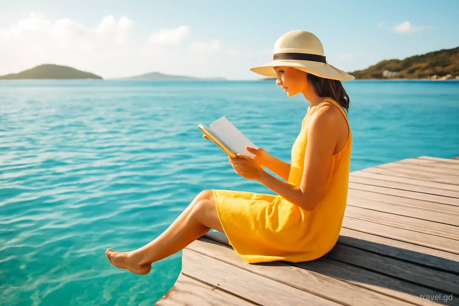 Woman in a sun hat sitting alone on a quiet wooden jetty in Carriacou, feet above turquoise water, reading a paperback with a blank cover, side view, late afternoon light