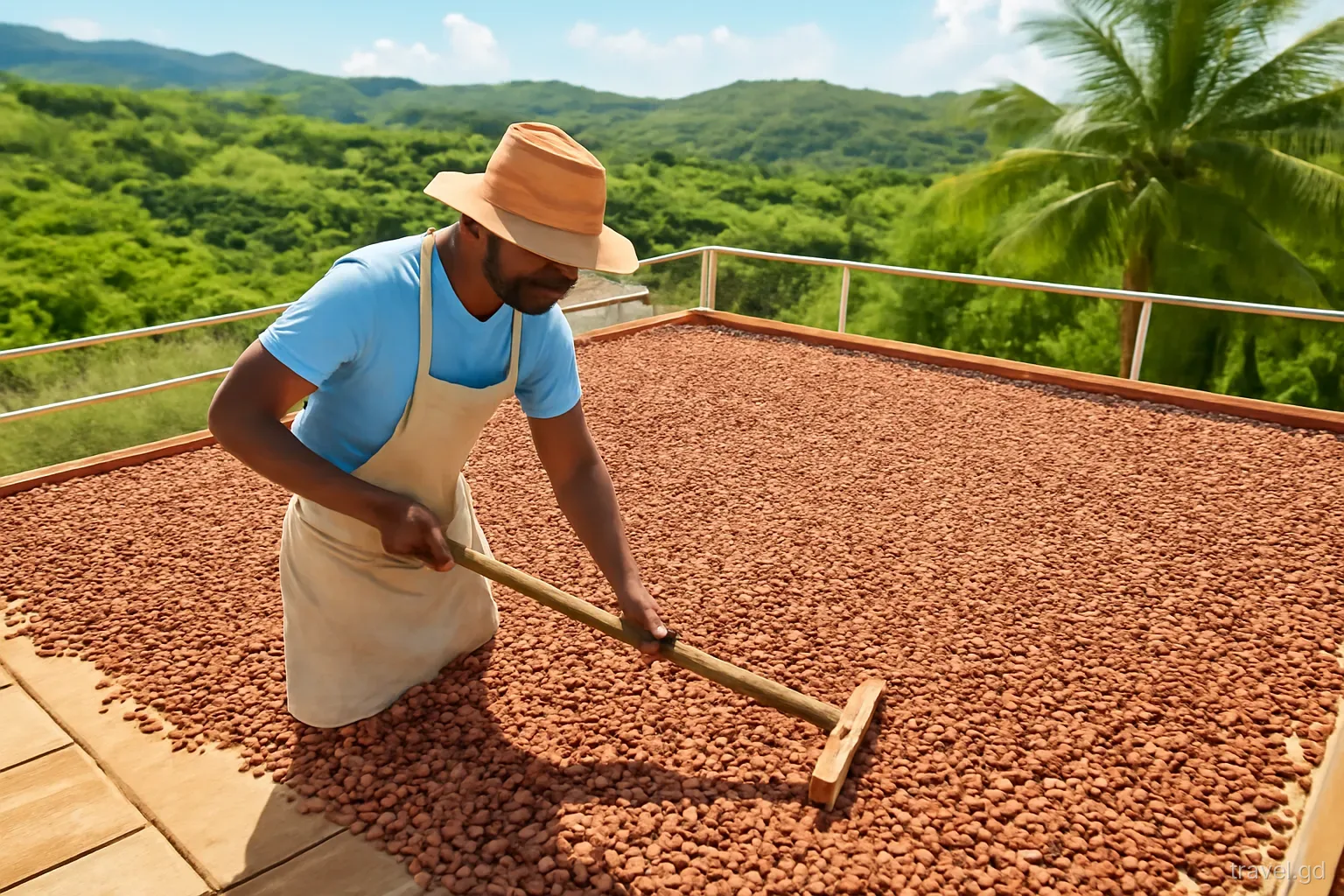 Worker turning cocoa beans spread on a large wooden drying floor at a hillside estate in St Patrick, Grenada, overhead view, strong late morning sun