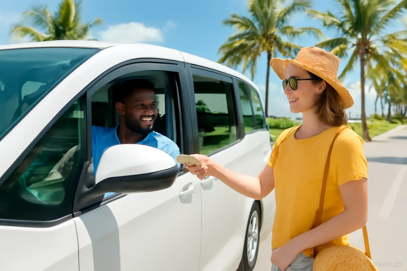 Tourist handing folded banknotes to a smiling taxi driver beside a white minivan on a palm-lined road near Grand Anse, medium shot, bright midday sun