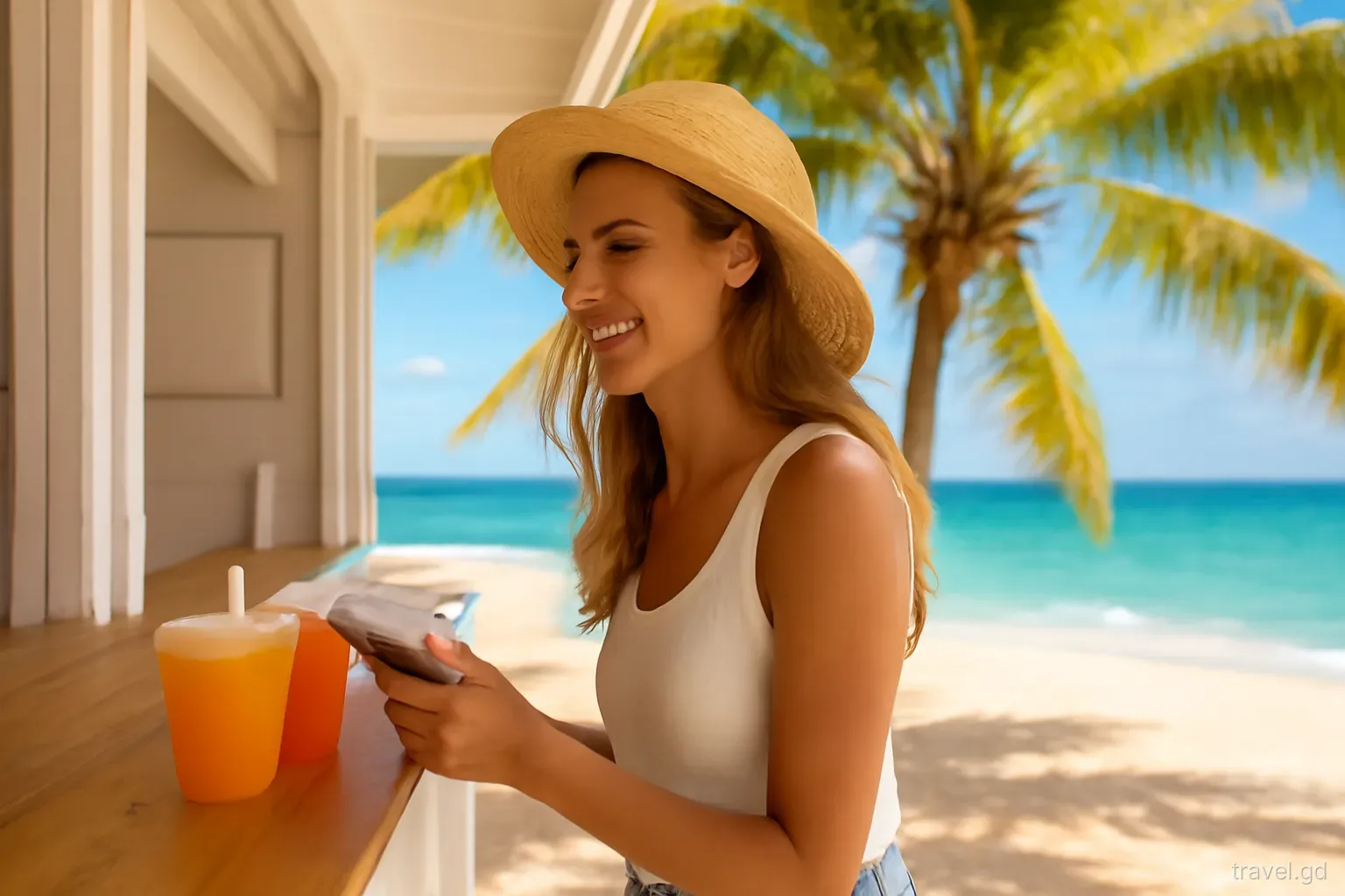 Smiling woman paying at the counter of a beachside snack bar on Grand Anse, cold drinks on the wooden counter, palm shade, side angle, bright afternoon light