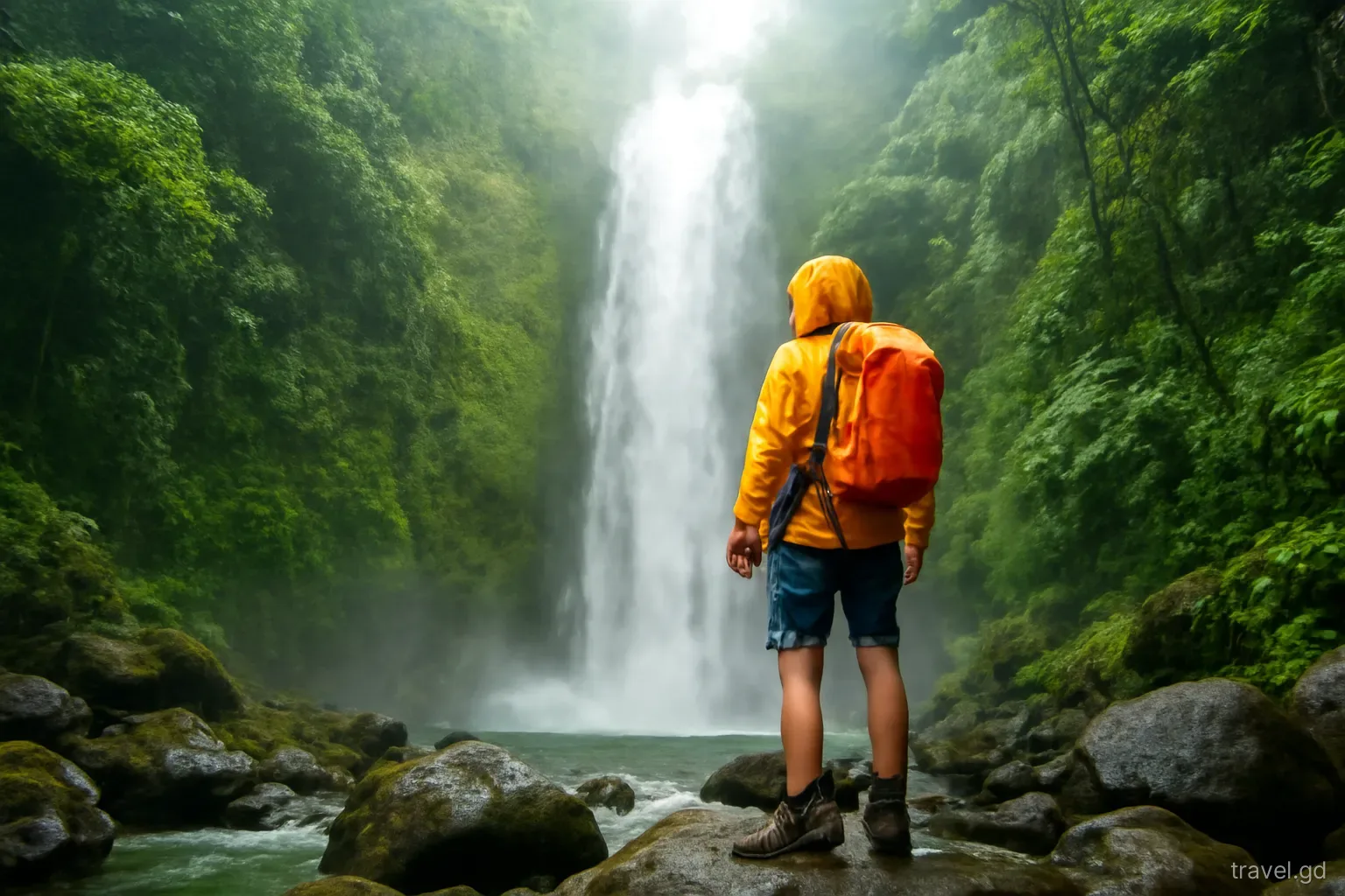 Hiker in a bright rain jacket standing on wet boulders at the foot of a tall waterfall in thick Grenada rainforest, low angle looking up, misty diffused light