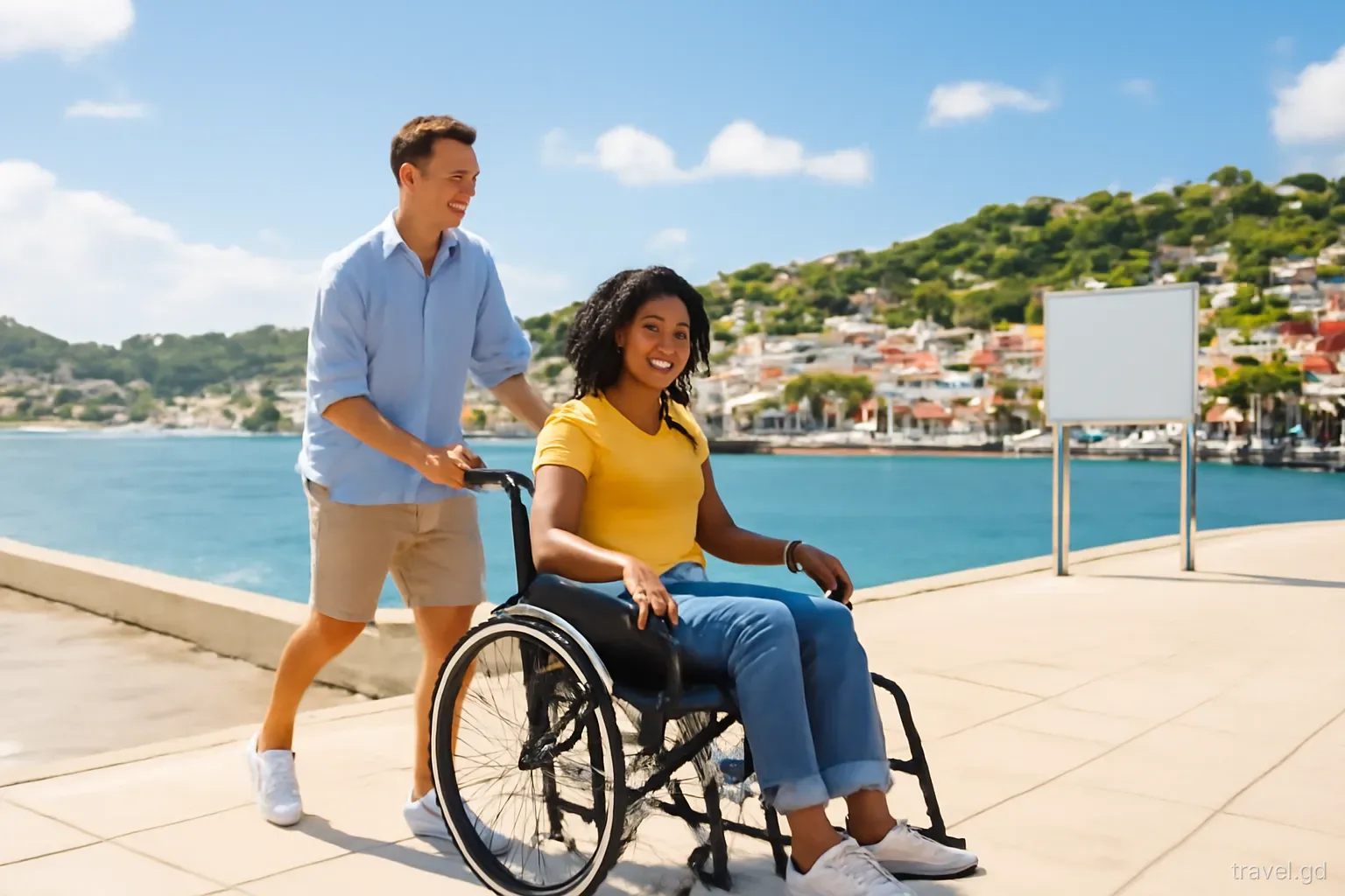 Traveller in a wheelchair rolling along a smooth seaside path beside the Carenage harbour in St George's, companion walking alongside, wide street-level shot, bright morning sun