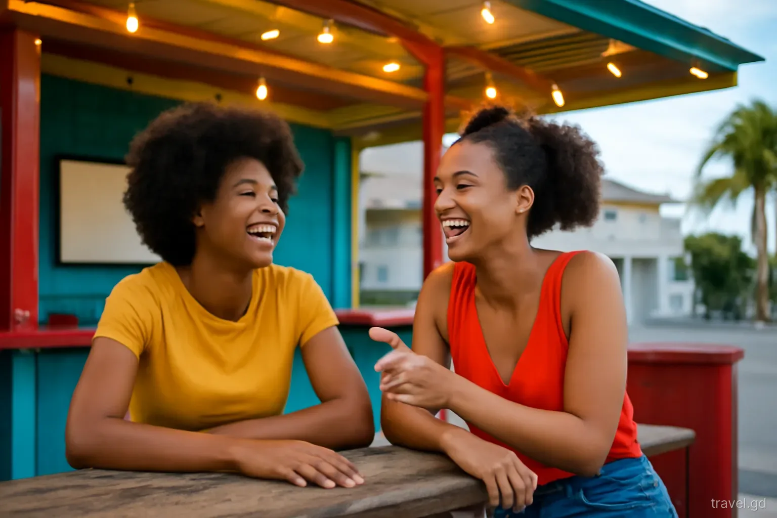 Two friends laughing and talking at a weathered wooden rum shop counter in Gouyave at dusk, warm string lights, side-angle candid shot, relaxed evening mood