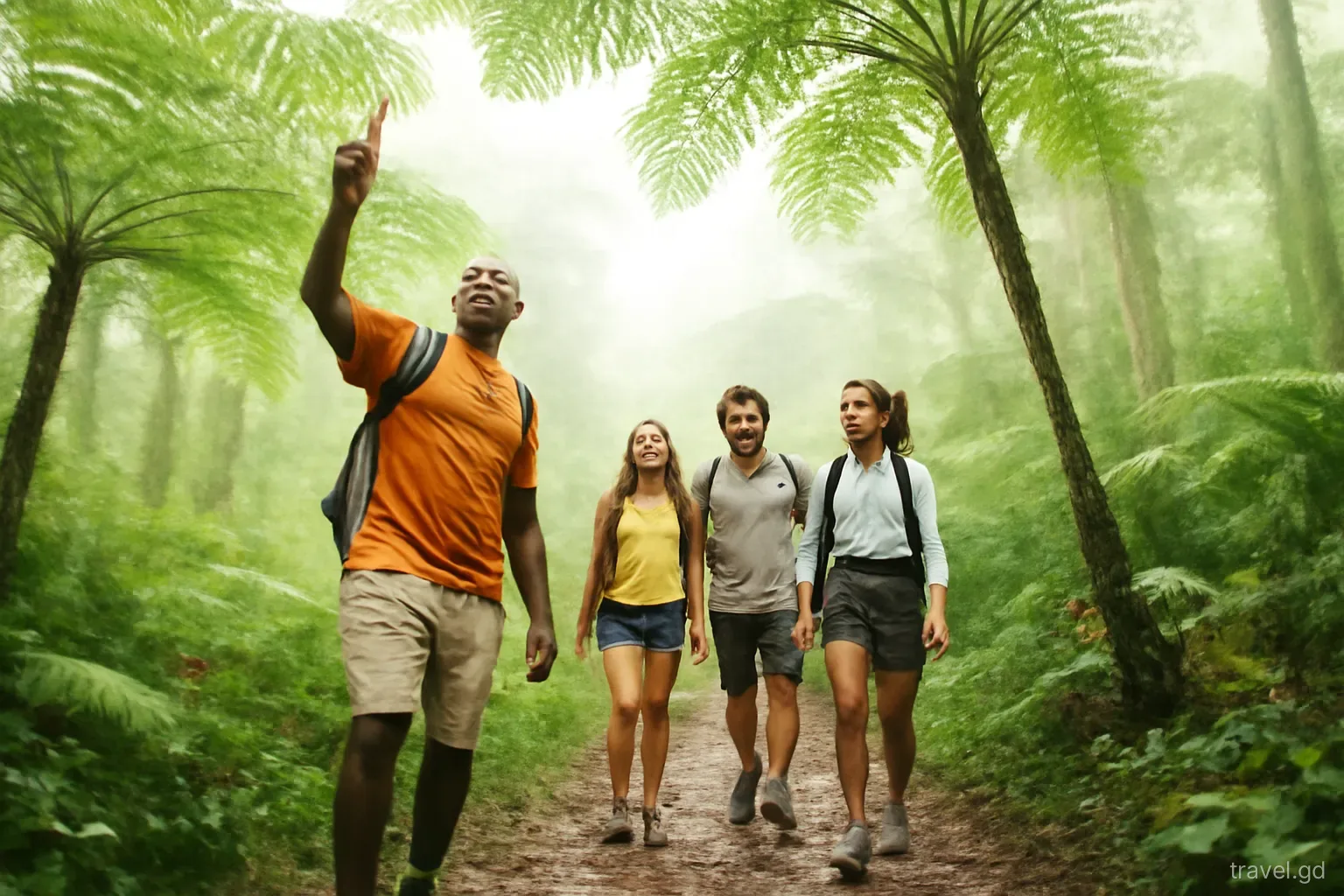 Small group of visitors on a muddy forest trail under tall tree ferns in Grand Etang Forest Reserve, Grenada, guide leading, low-angle shot, misty filtered light