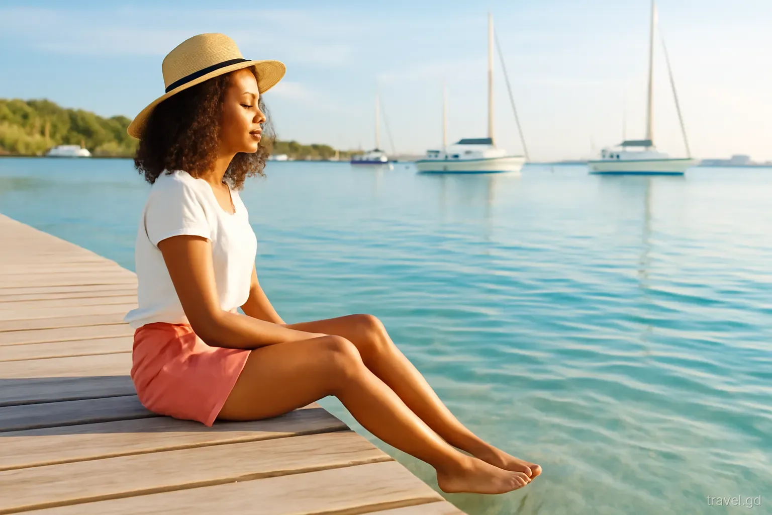 Traveller sitting on a wooden jetty at Lance aux Epines with feet over clear shallow water, sailboats moored in the bay, side view, soft early evening light