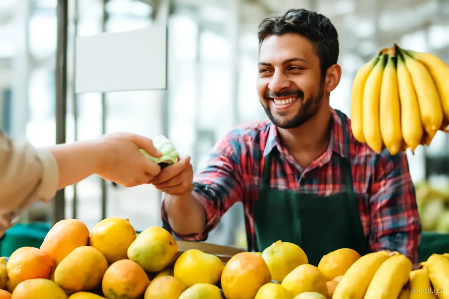 Close-up of a visitor's hand passing folded banknotes to a smiling fruit vendor at a roadside stall in St George's market, ripe mangoes and bananas, shallow depth of field