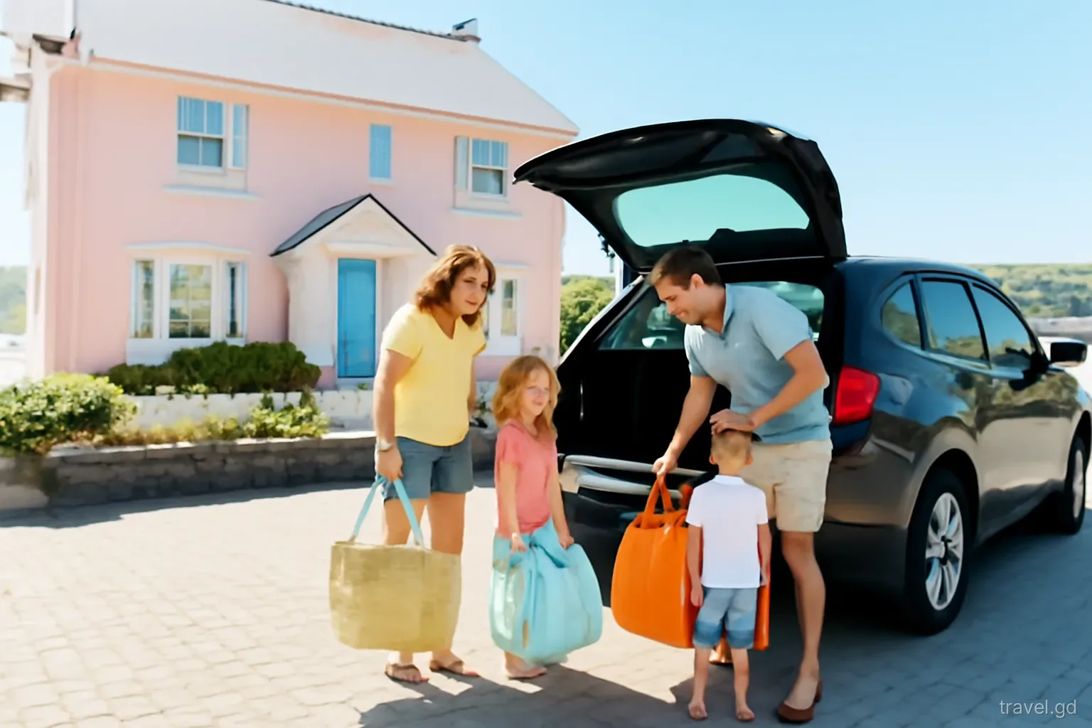 A family of four loads beach bags into the back of a hire car outside a pastel villa above a quiet bay in St David's, morning sunshine, wide angle from the driveway