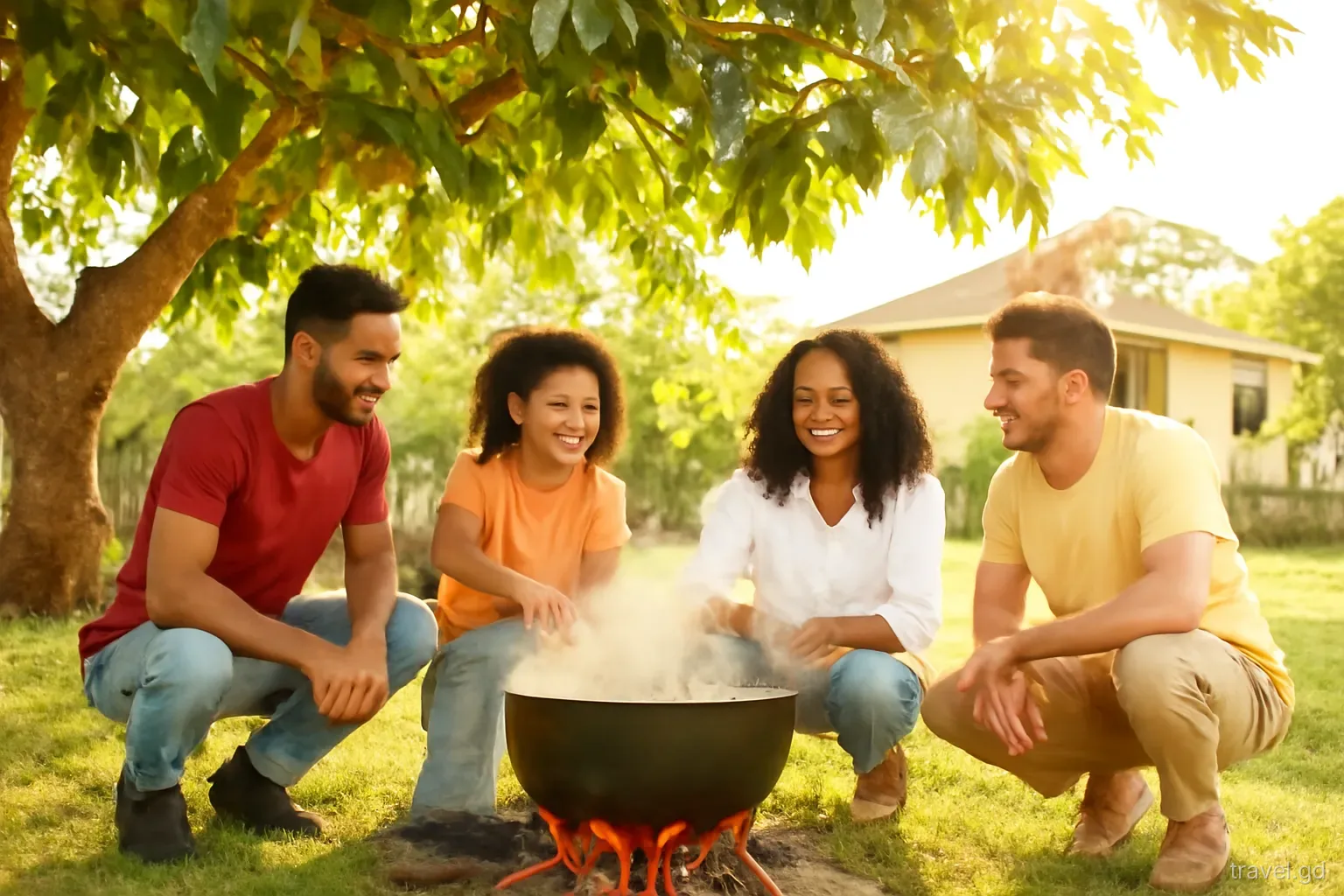 Group of friends gathered around a large iron pot steaming over a wood fire under a breadfruit tree in a Grenadian village yard, late afternoon golden light, wide shot