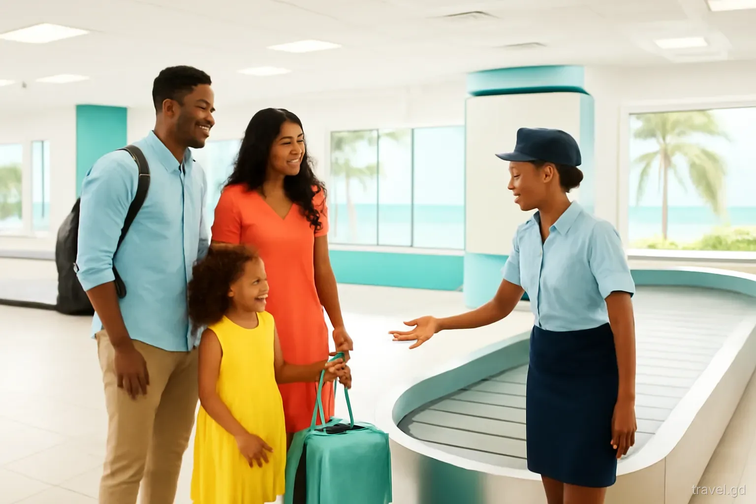 A family stands by an empty baggage carousel in a bright, compact Caribbean arrivals hall, a staff member in uniform helping them, wide view, soft overhead light