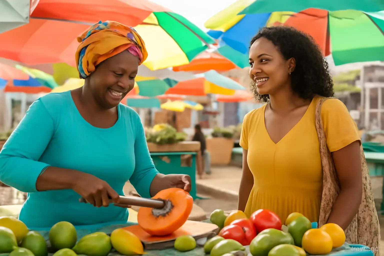 Market vendor in a bright headscarf cutting a ripe papaya for a smiling visitor under colourful umbrellas at Market Square, St George's, Grenada, early morning sun, eye-level