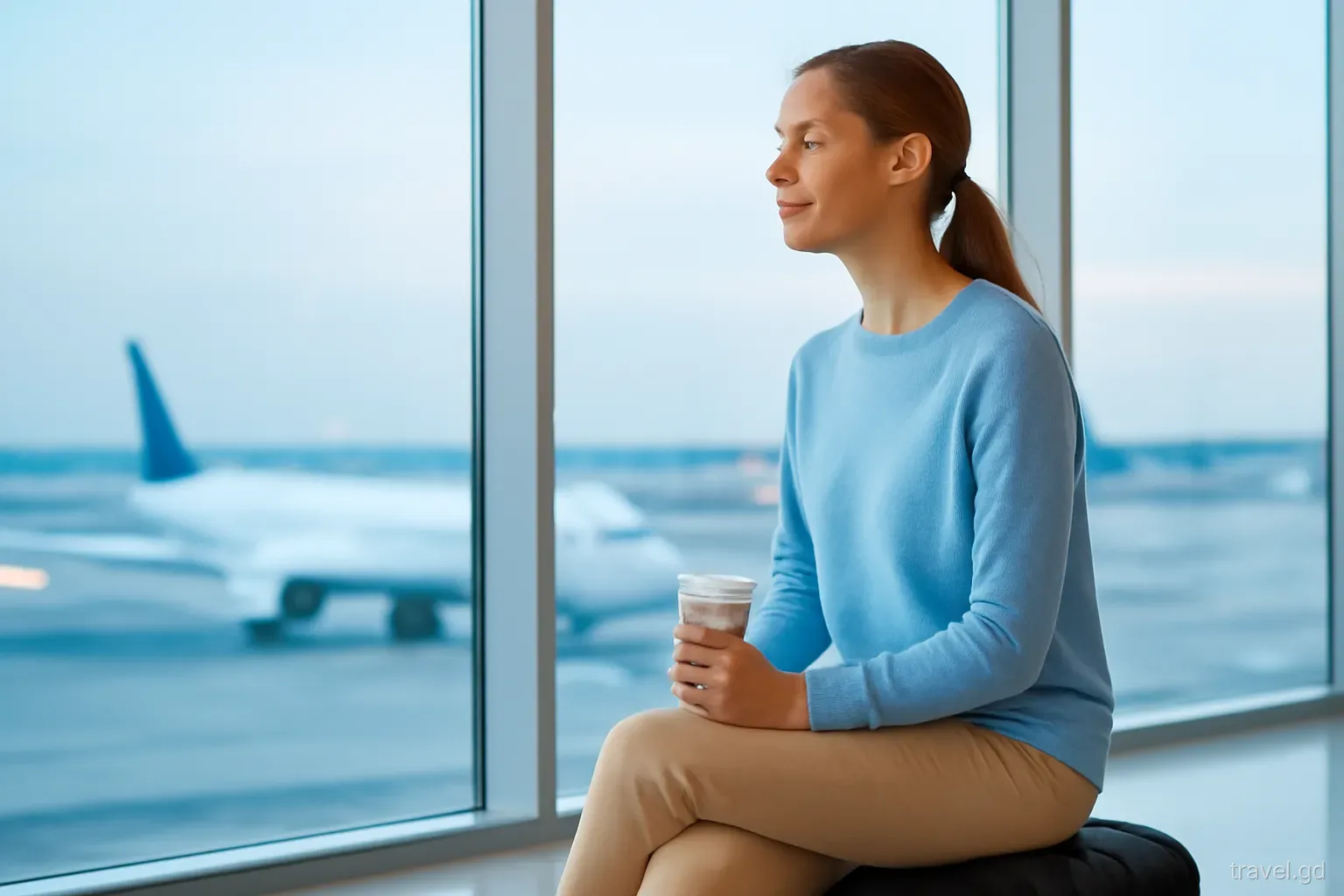 A calm woman sits on her suitcase at a busy airport terminal window at dawn, coffee in hand, aircraft outside, soft blue light, medium shot from the side