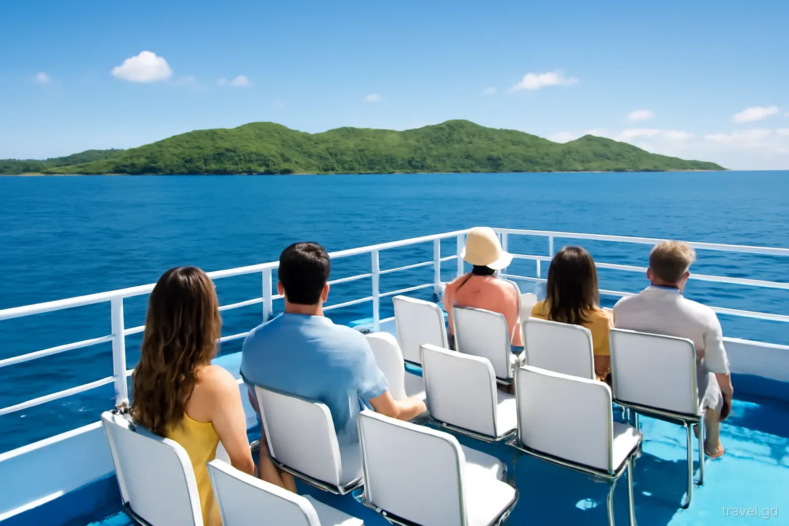 Passengers on the open upper deck of an inter-island ferry watching the green coast of Carriacou approach across deep blue water, rear view, bright mid-morning sun