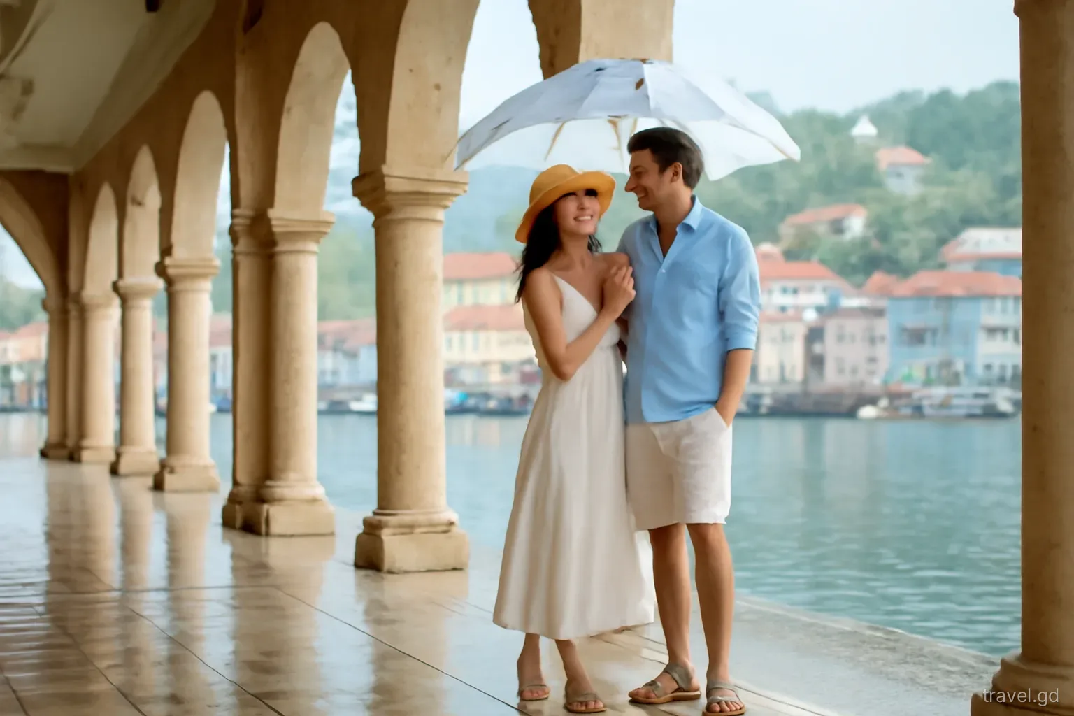 Cruise couple sheltering under a colonnaded stone arcade on the Carenage, St George's, Grenada, warm tropical rain falling on the harbour, glossy reflections, eye-level